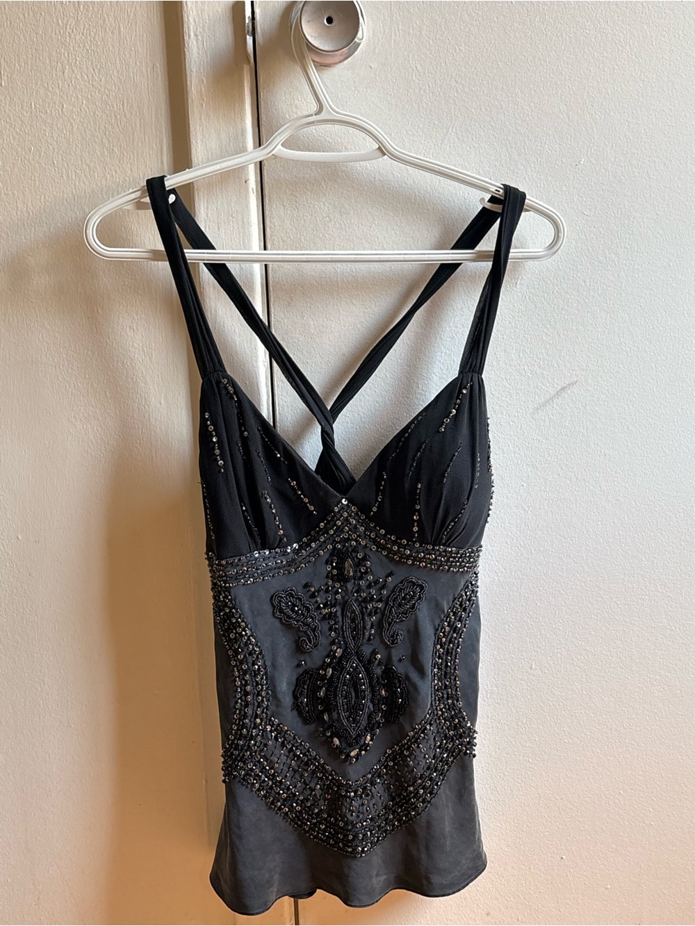 Black Beaded Crisscross Strap Camisole